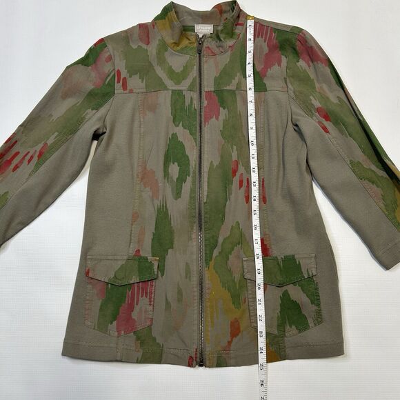 Chicos Zenergy Jacket Womens 0 Small Green Ikat Utility Zip Up Tie 3/4 Sleeve - Picture 11 of 14